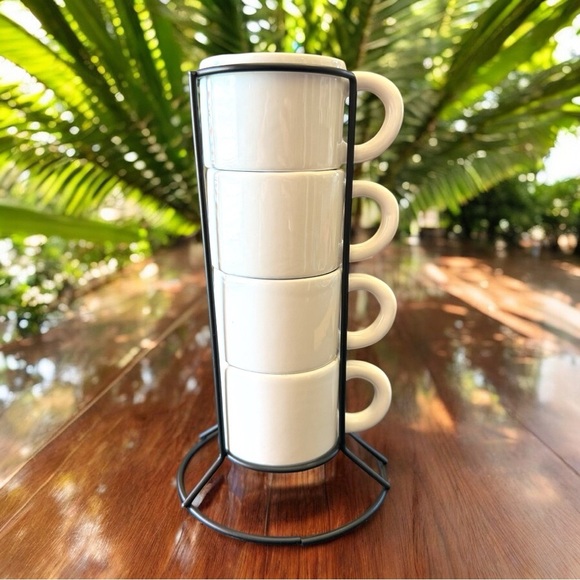 Espresso Cup Set with Stand - White Earthenware, 4 Stackable Mugs - Picture 3 of 11